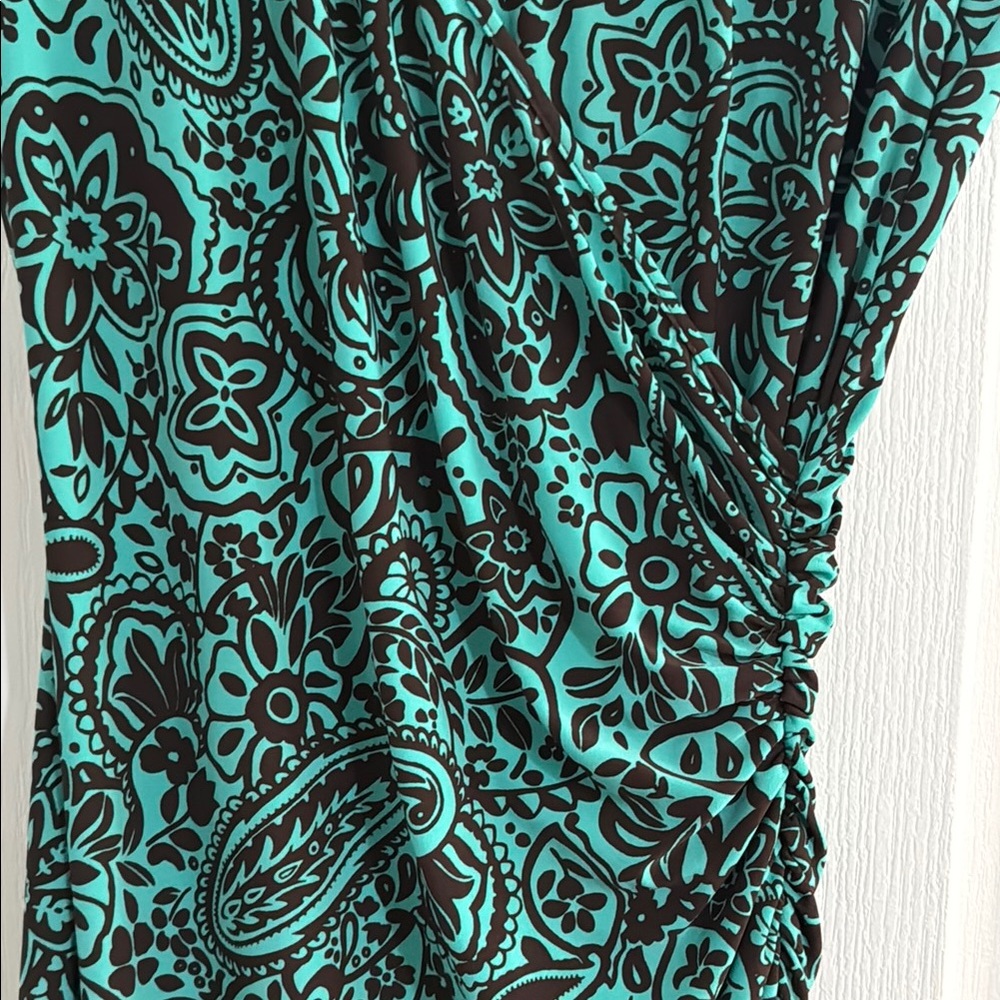EUC Chaps Women Cap Sleeve Paisley Green Brown Dress Faux Wrap V Neck S - Picture 3 of 8